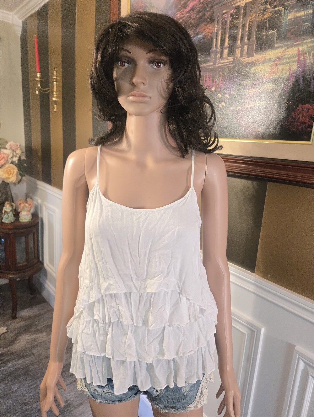Guess White Layered Ruffle Spaghetti Strap Cami